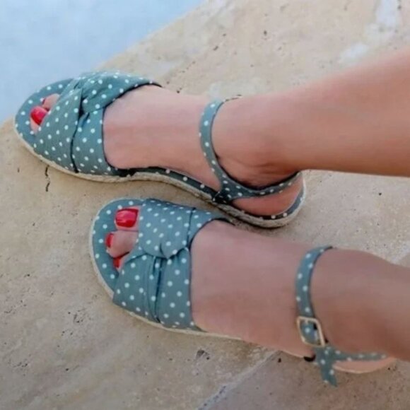 NIB Green Polkadot Espadrille Open Toe Ankle Strap Flat Sandals 8.5 - Picture 1 of 2